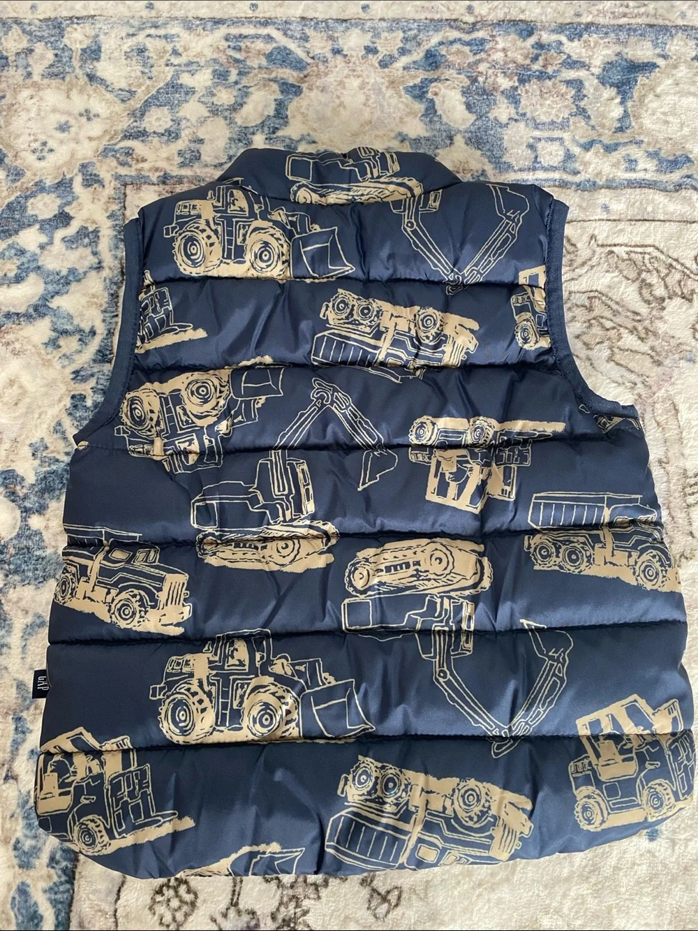 Like New! Baby Gap Navy Kids Puffer Vest with Tan Construction Truck Print